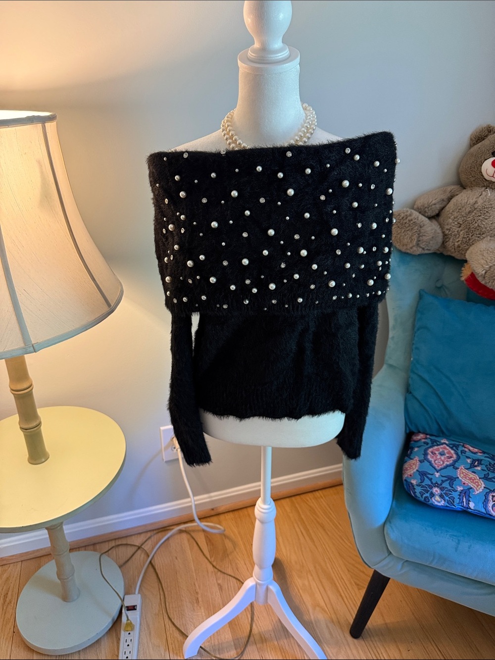 Pearl-Trim Black Off-the-Shoulder Women's Sweater
